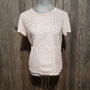 Joe Fresh M Women's Tee Top Pink Peach Lace Knit Short Sleeve Cottage Boho